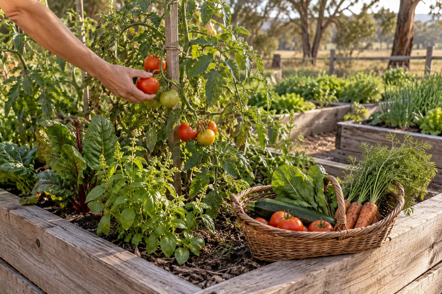 A hand picking tomatoes from a raised garden bed beside a basket of fresh vegetables.