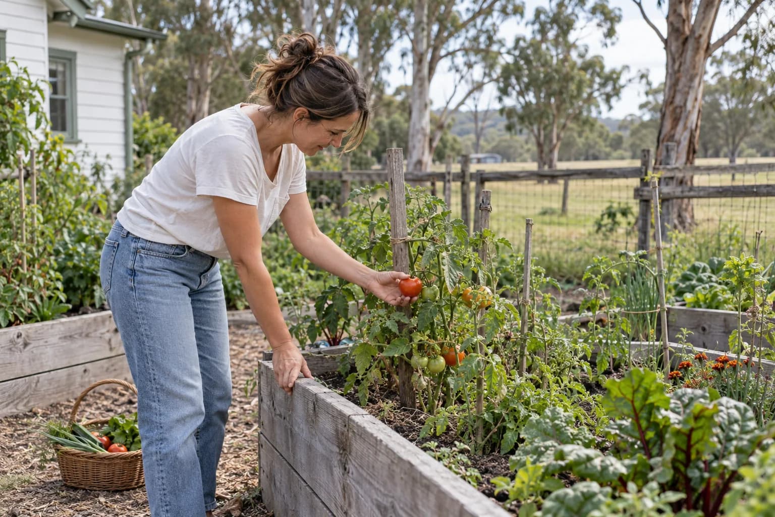 A guest picking a ripe tomato from the raised vegetable beds.