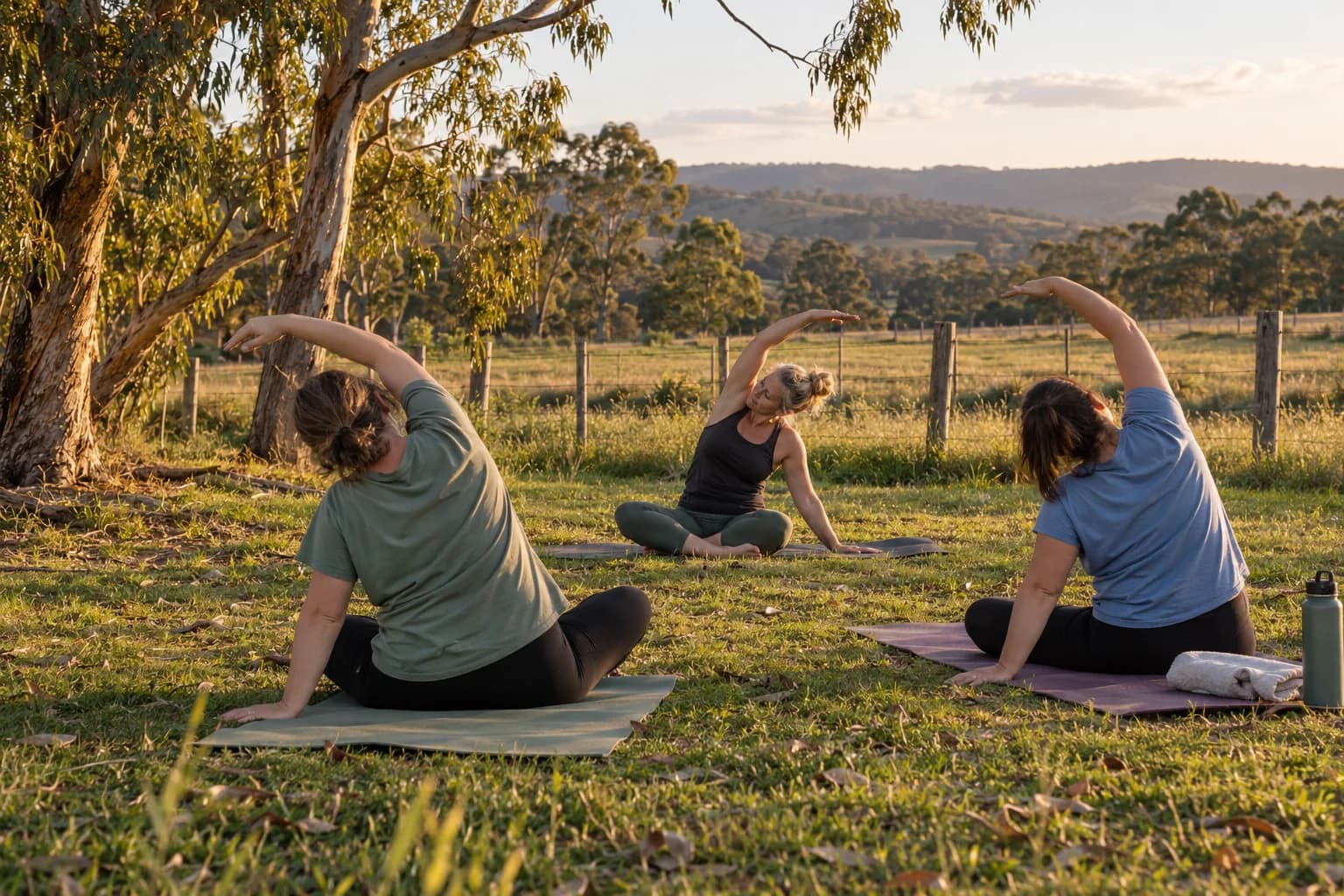 Three people stretching on yoga mats in a paddock at sunset beneath the gum trees.