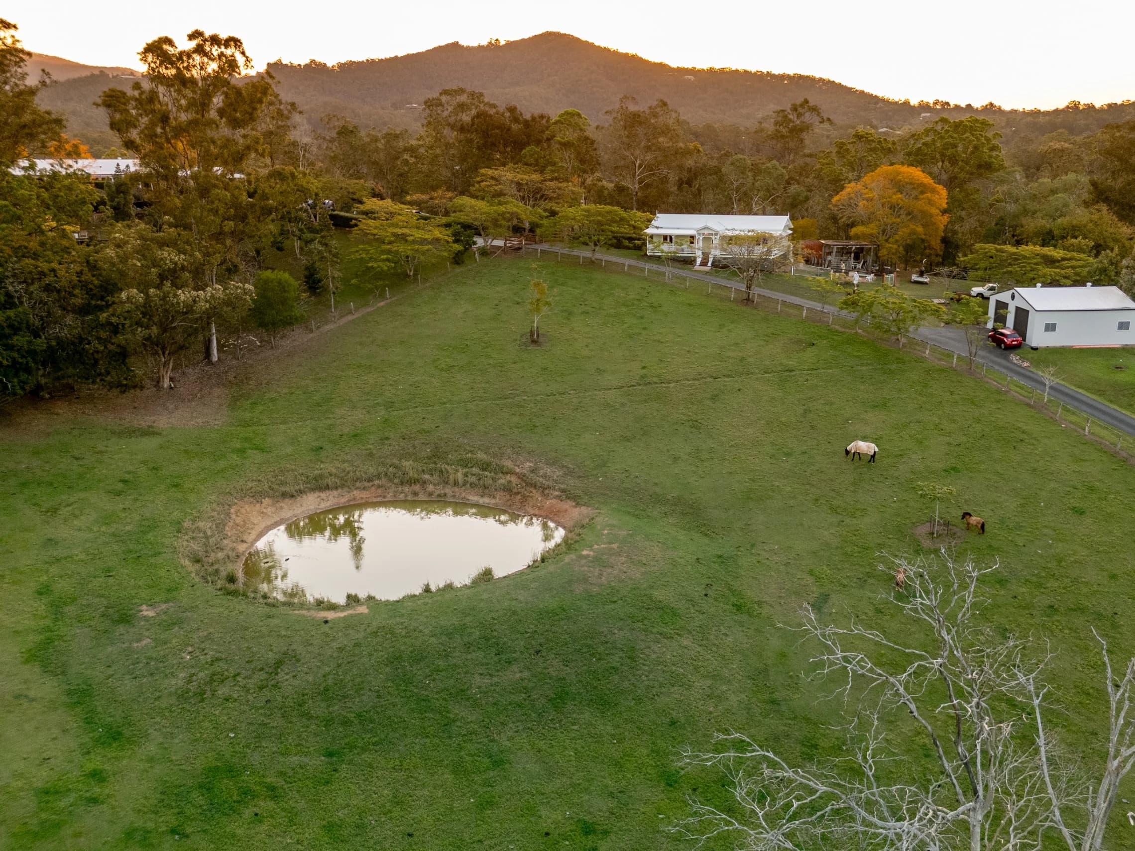 Aerial view across a pond and paddocks towards Kobble Cottage.