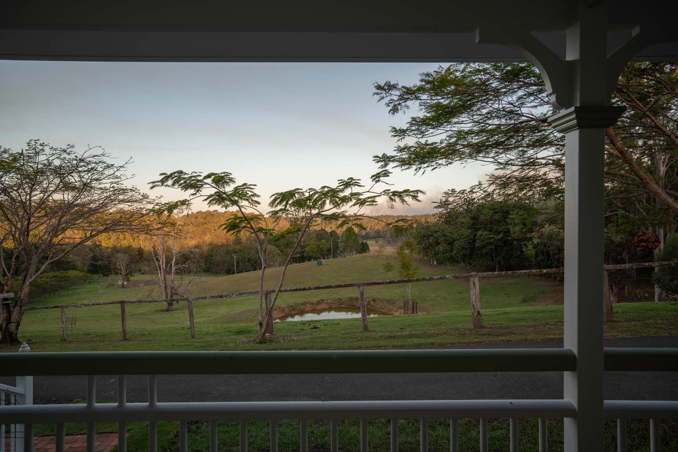 The paddocks and the pond seen from the shade of the cottage veranda.